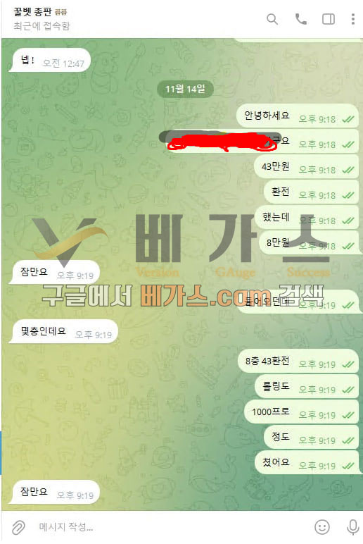 환전 신청 했지만 원금만 입금 되어 총판에게 항의하는 피해자