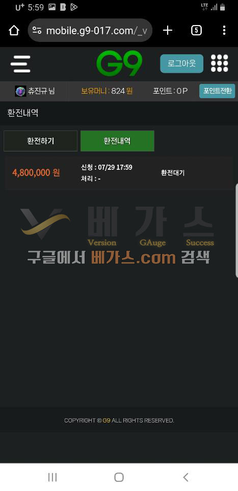 지구 먹튀사건 피해자의 2024년 7월 29일 480만 원 환전신청 내역 [먹튀검증 증거자료 3]