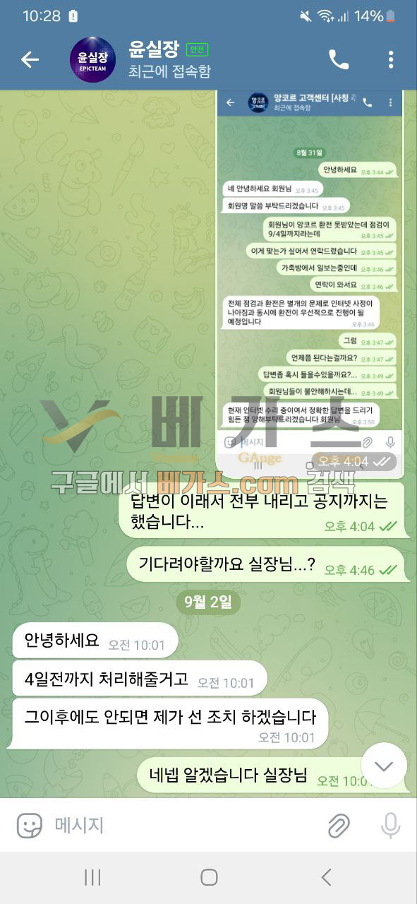 앙코르를 소개해 준 총판과 피해자의 텔레그램 대화 내용 [먹튀검증 증거자료 2]