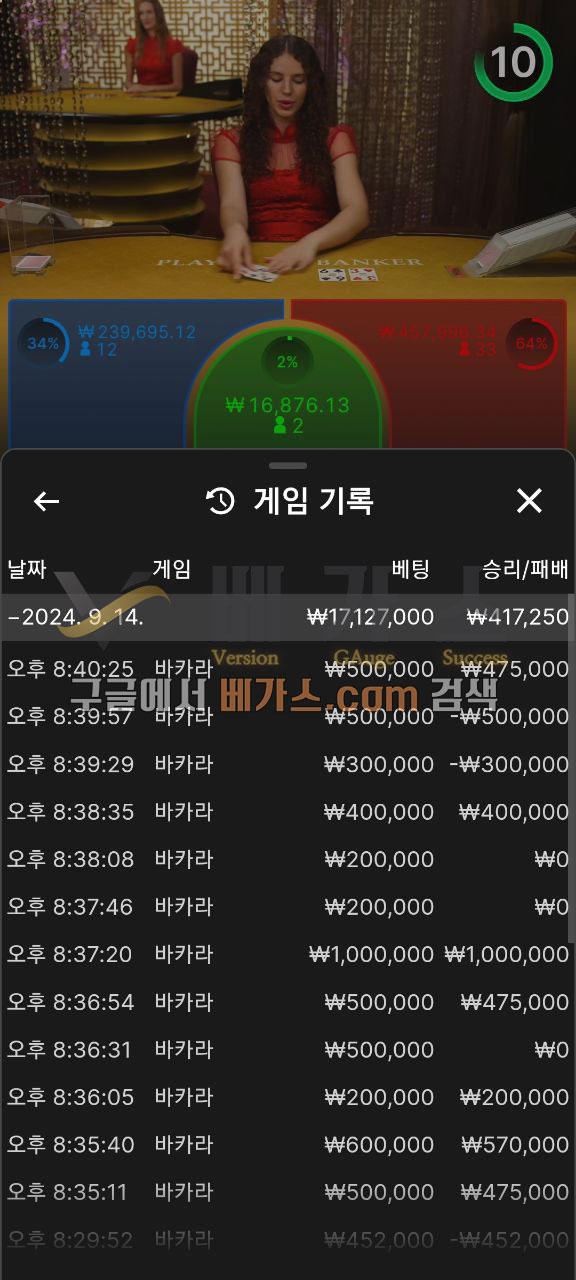 캐슬카지노 먹튀사건 피해자의 바카라 베팅 내역 [먹튀검증 증거자료 3]