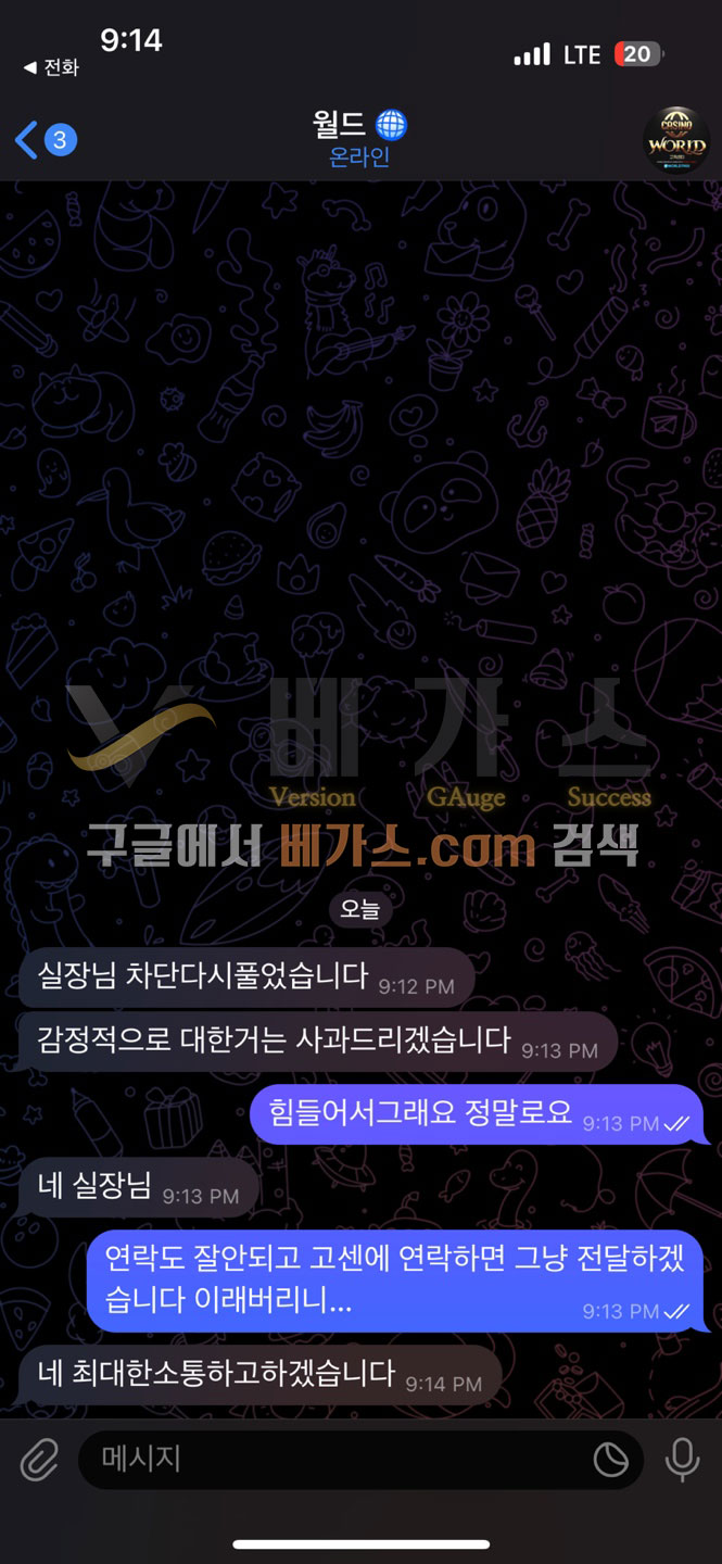 월드카지노 먹튀사건 피해자와 운영자의 텔레그램 대화 내용 2 [먹튀검증 증거자료 5 ]