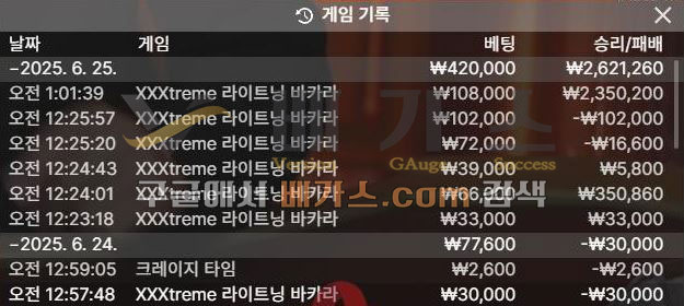 러브카지노 먹튀사건 피해자의 2025년 6월 25일 바카라 배팅 내역