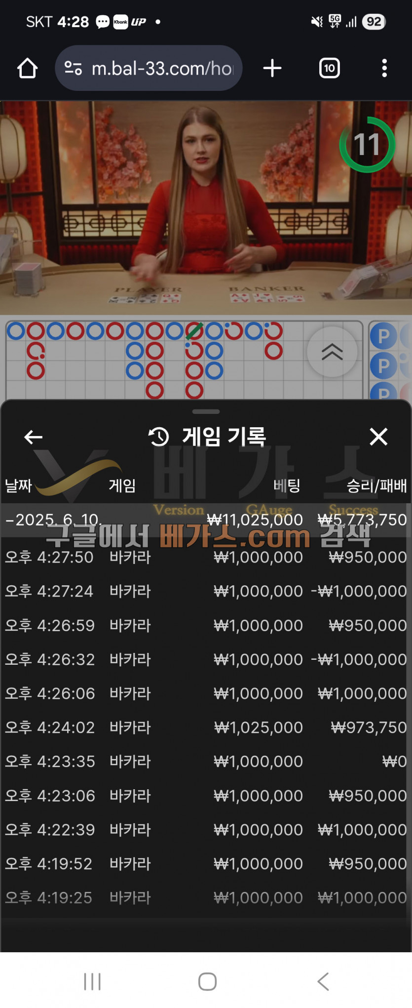 밸런스 먹튀사건 피해자의 바카라 배팅 내역